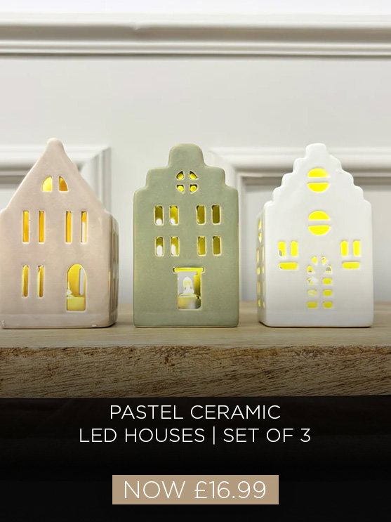 Pastel ceramic LED house ornaments set of three
