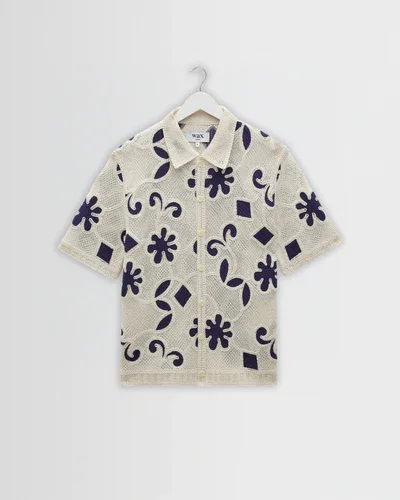 Porto - Ecru And Navy Doodle Crochet Knitted Shirt