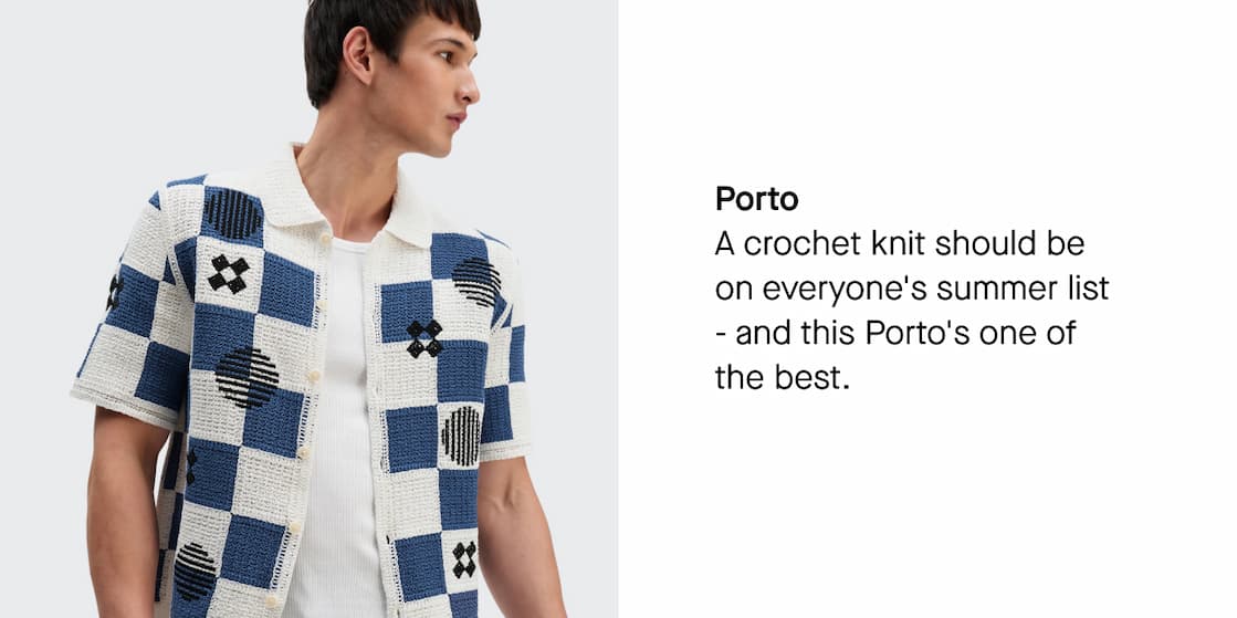 Porto - Ecru And Blue Square Crochet Knitted Shirt