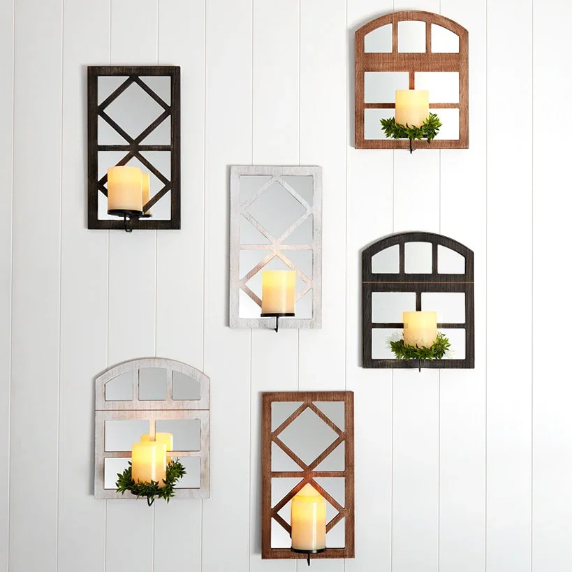 Image of Windowpane Mirror Wall Sconce With Candle - Black, Natural, or White