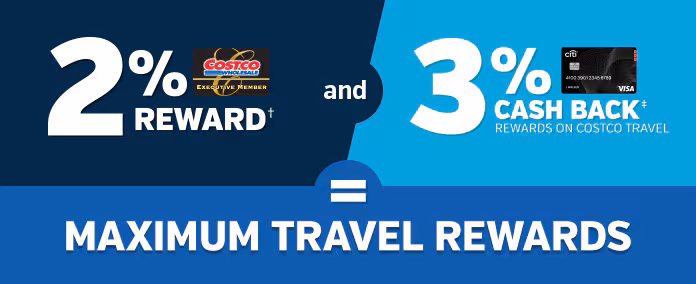 Executive Members earn an annual 2% Reward. In addition earn 3% cash back rewards on Costco Travel purchases when you use the Costco Anywhere Visa Card by Citi