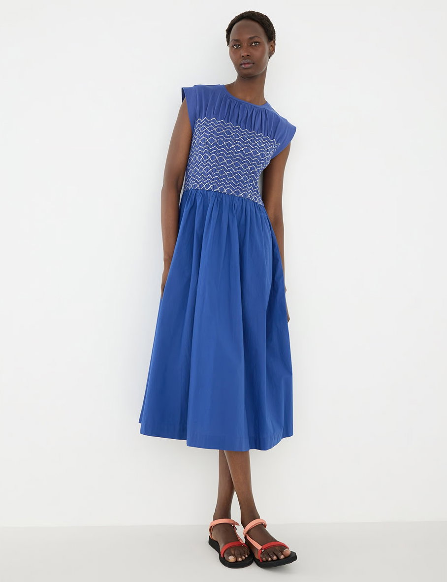Navy Blue Shirred Bodice Sleeveless Midi Dress