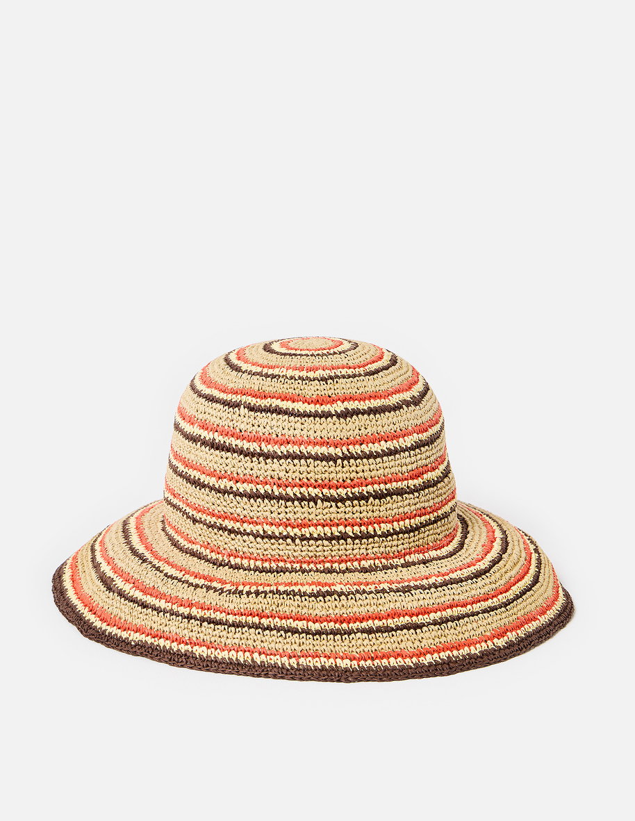Brown & Red Striped Straw Bucket Hat