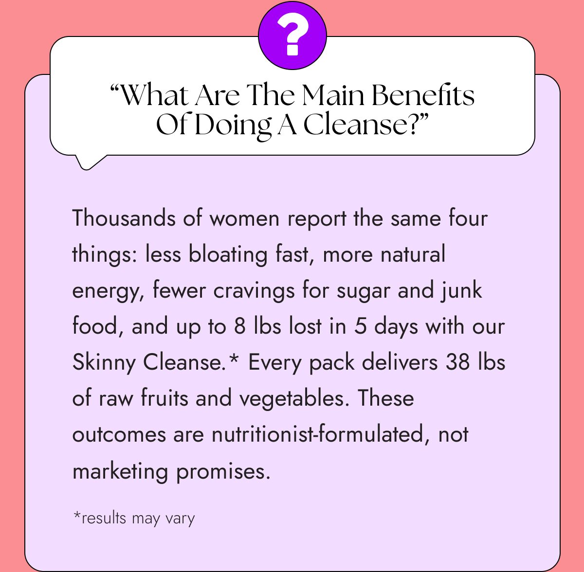 Text discussing benefits of a cleanse, including energy and weight loss.