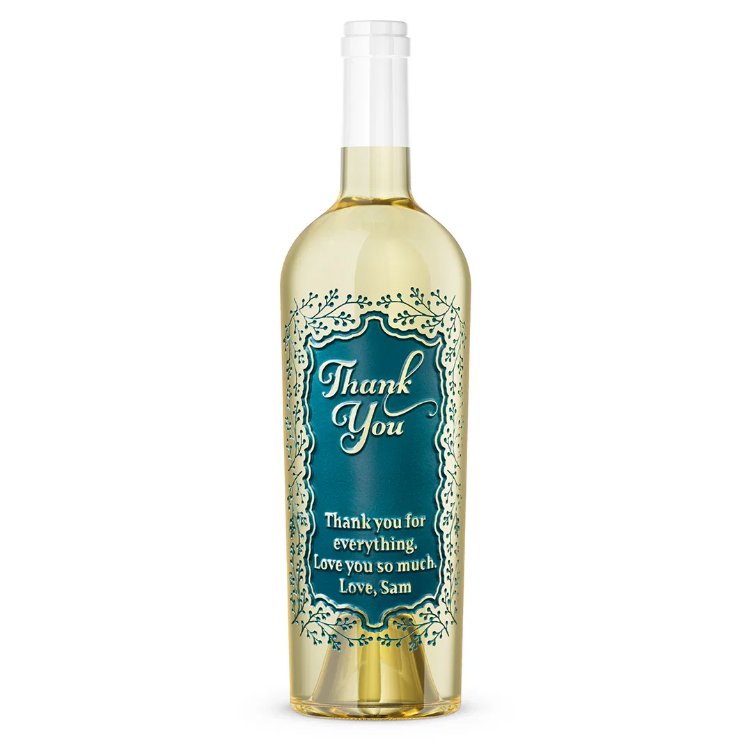 Image of Custom Thank You Foliage Frame Chardonnay Etched Wine