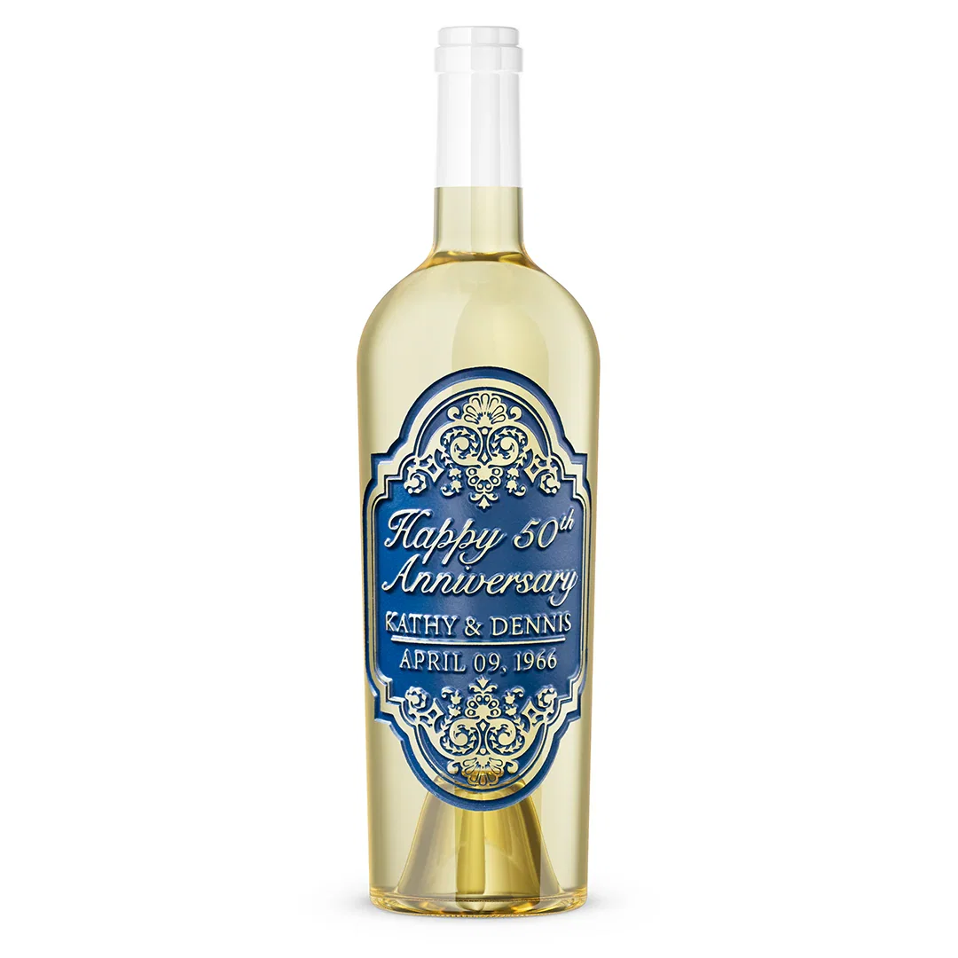 Image of Anniversary Ornate Frame Chardonnay Custom Etched Wine
