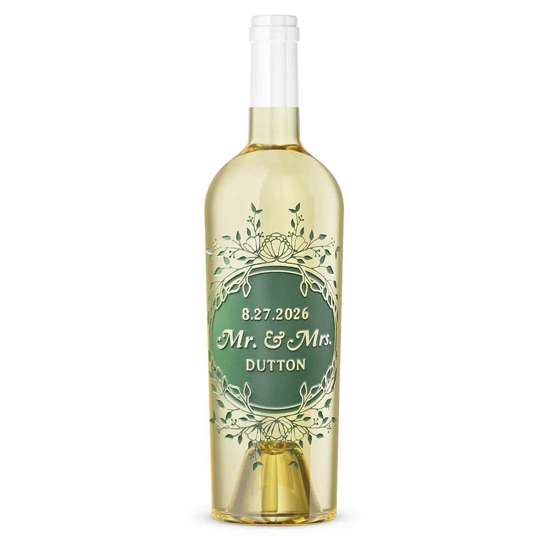 Image of Wedding Foliage Frame Chardonnay Custom Etched Wine