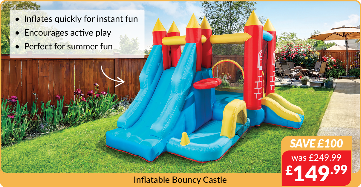 Inflatable bouncy castle. Save £100 - was £249.99 now £149.99. Inflates quickly for instant fun, encourages active play, perfect for summer fun. 