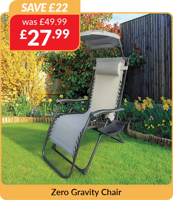 Zero gravity chair. Save £22 - was £49.99 now £27.99. Folding canopy shade. Cup holder. Easy to fold and store away. No assembly required