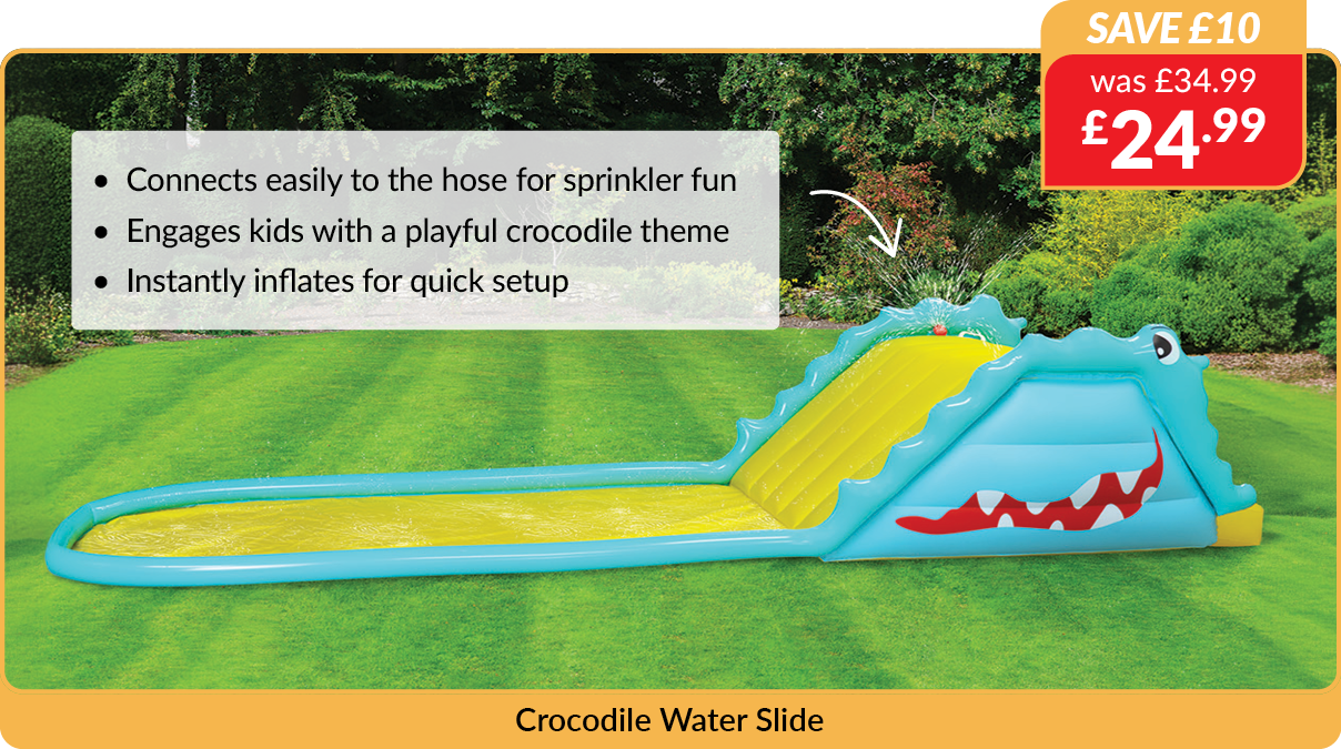 Crocodile water slide. Save £10 - was £34.99 now £24.99. Connects easily to the hose for sprinkler fun. Engages kids with a playful crocodile theme. Instantly inflates for quick setup