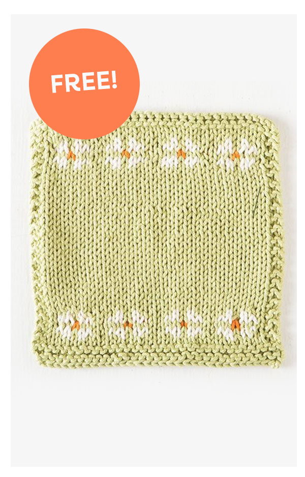 Image: A green and daisy print dishcloth. Text: FREE!