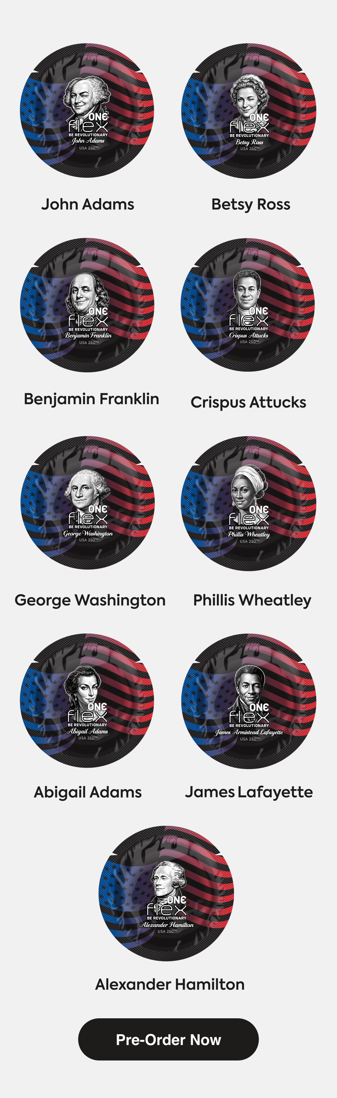 john adams - betsy ross - benjamin franklin - crispus attucks - george washington - phillis wheatley - abigail adams - james lafayette - alexander hamilton - pre-order now