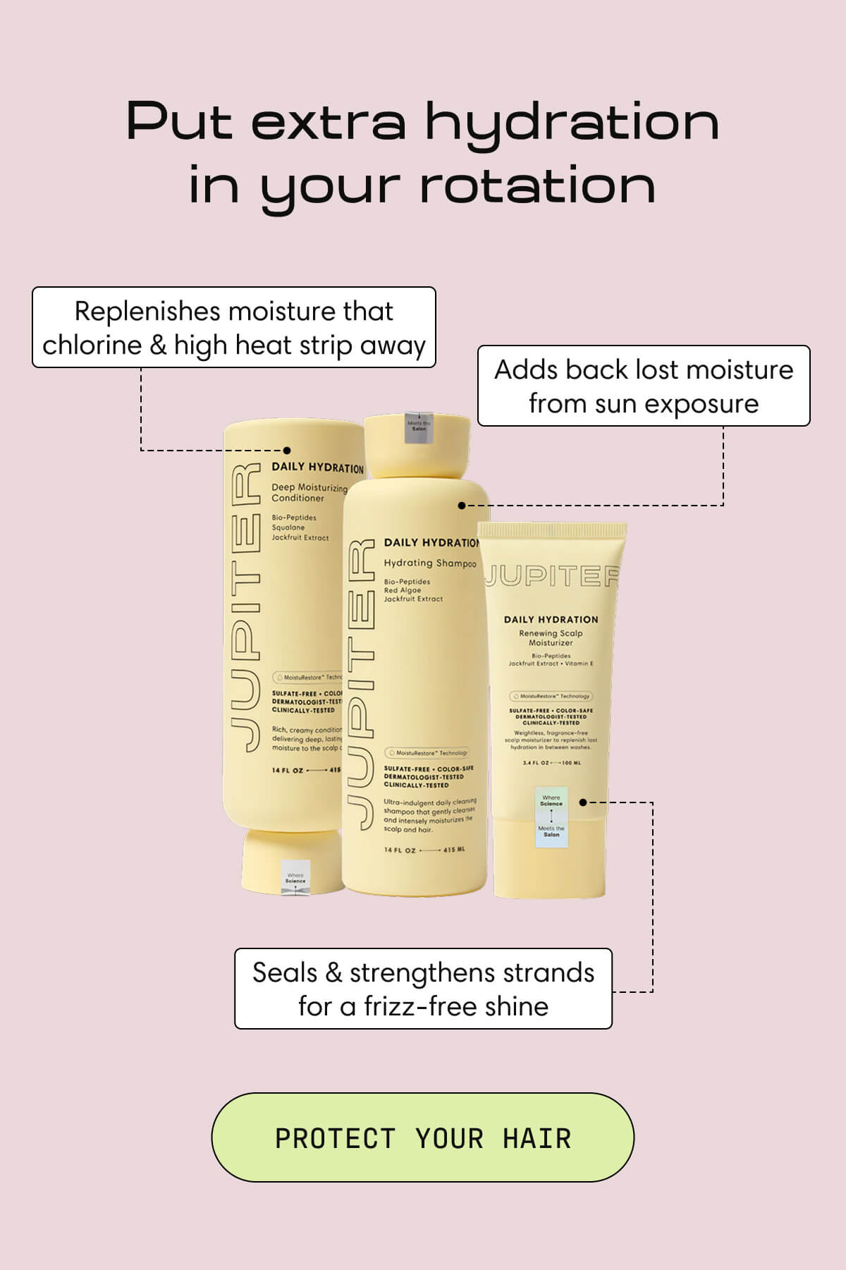 Put extra hydration in your rotation | Replenishes moisture that chlorine & high heat strip away | Adds back lost moisture from sun exposure | Seals & strengthens strands for a frizz-free shine | PROTECT YOUR HAIR