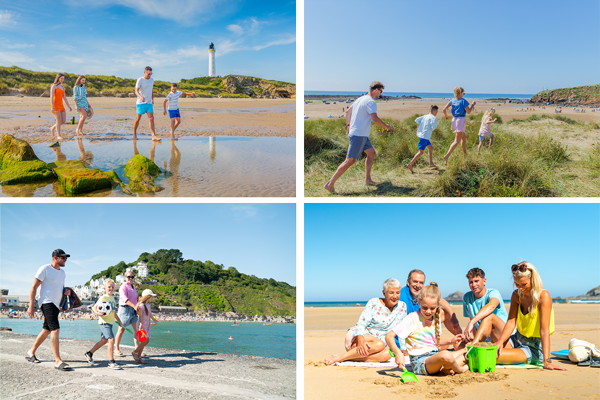 Images of different accommodation options including a caravan, luxury apartment, camping pod and luxury lodge