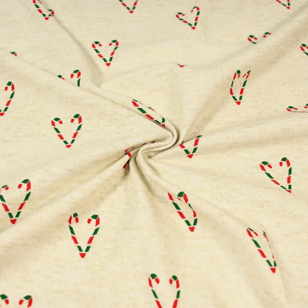 Image of Candy Cane Heart Print Cotton Jersey Fabric Natural 150cm