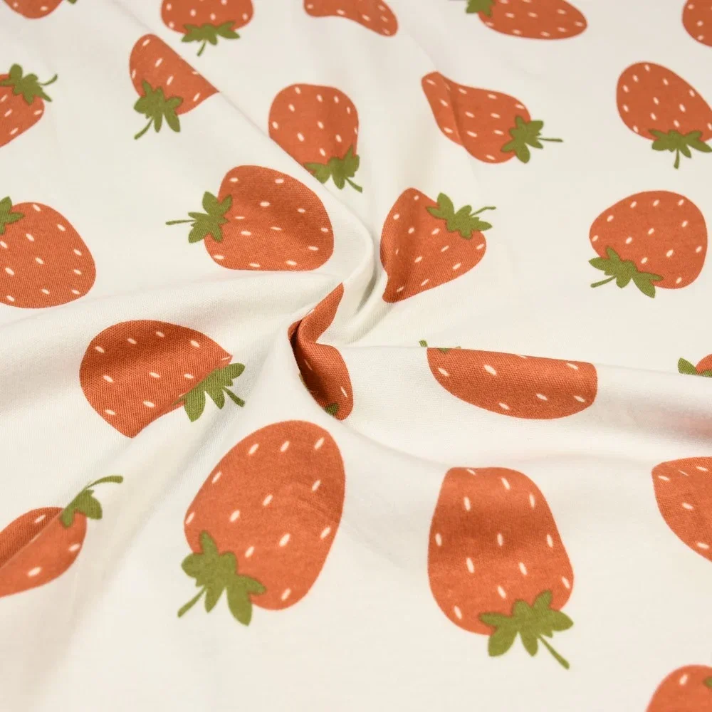Image of Strawberry Print Cotton Jersey Fabric White Red 150cm