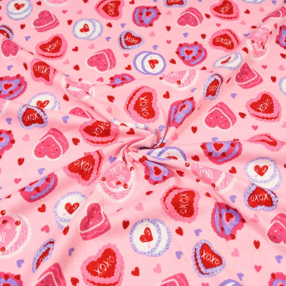Image of Love Hearts Print Cotton Jersey Fabric Pink 150cm