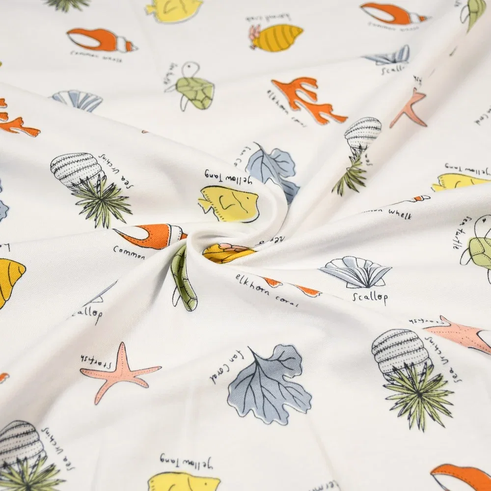 Image of Under The Sea Print Cotton Jersey Fabric White 150cm