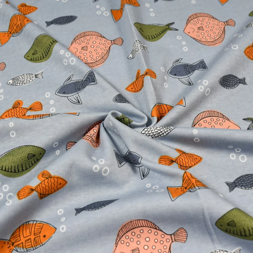 Image of Fish Print Cotton Jersey Fabric Blue 150cm