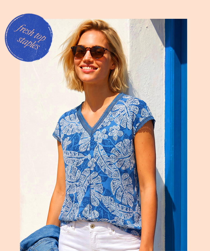 Navy Leaf Print Lace Trim Top