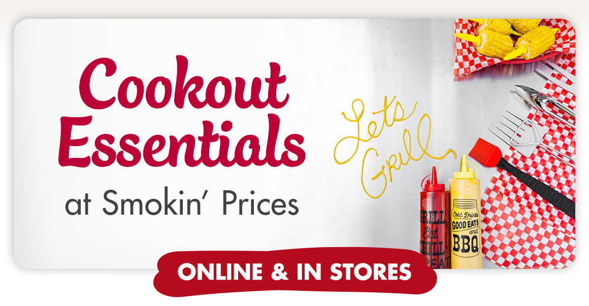 Headline: Cookout Essentials at Smokin' Prices and an image of BBQ utensils and condiments