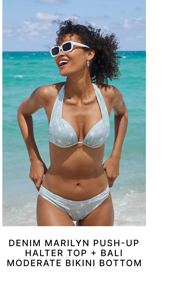 Denim Marilyn Push-Up Halter Top + Bali Moderate Bikini Bottom
