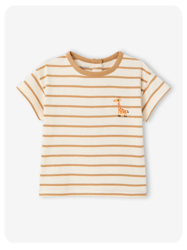 Baby T-Shirt mit Ringelmuster und Giraffen-Stickerei - karamell