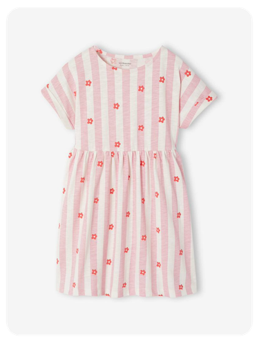 Gestreiftes Jersey-Kleid mit kurzen Ärmeln Mädchen - rosa gestreift