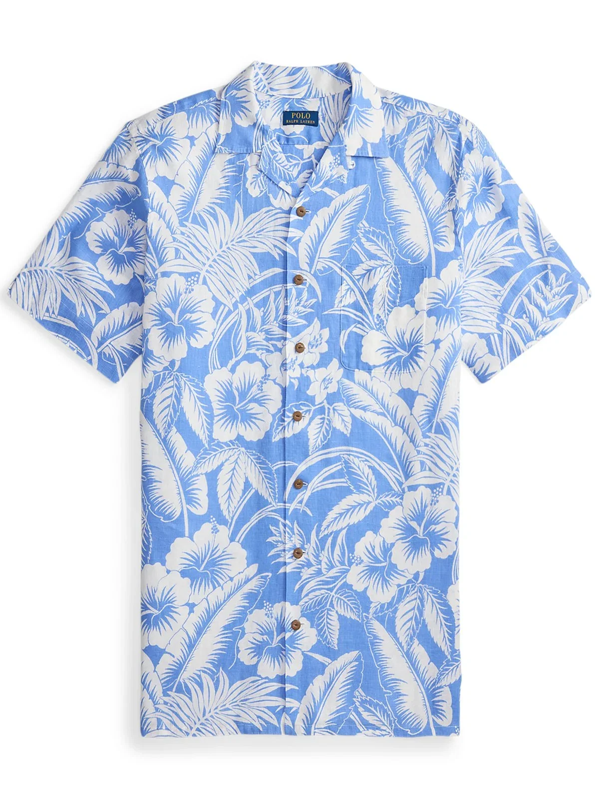 Short-sleeved linen shirt with floral print and chest pocket