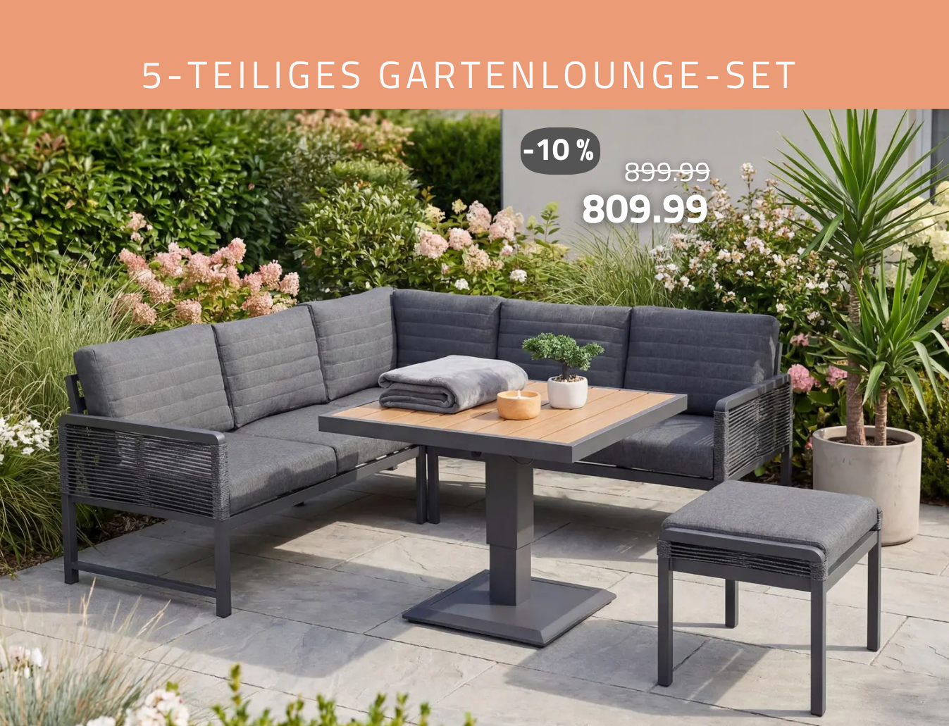 5-teiliges Gartenlounge-Set - grau - mit Lifttisch und Polster