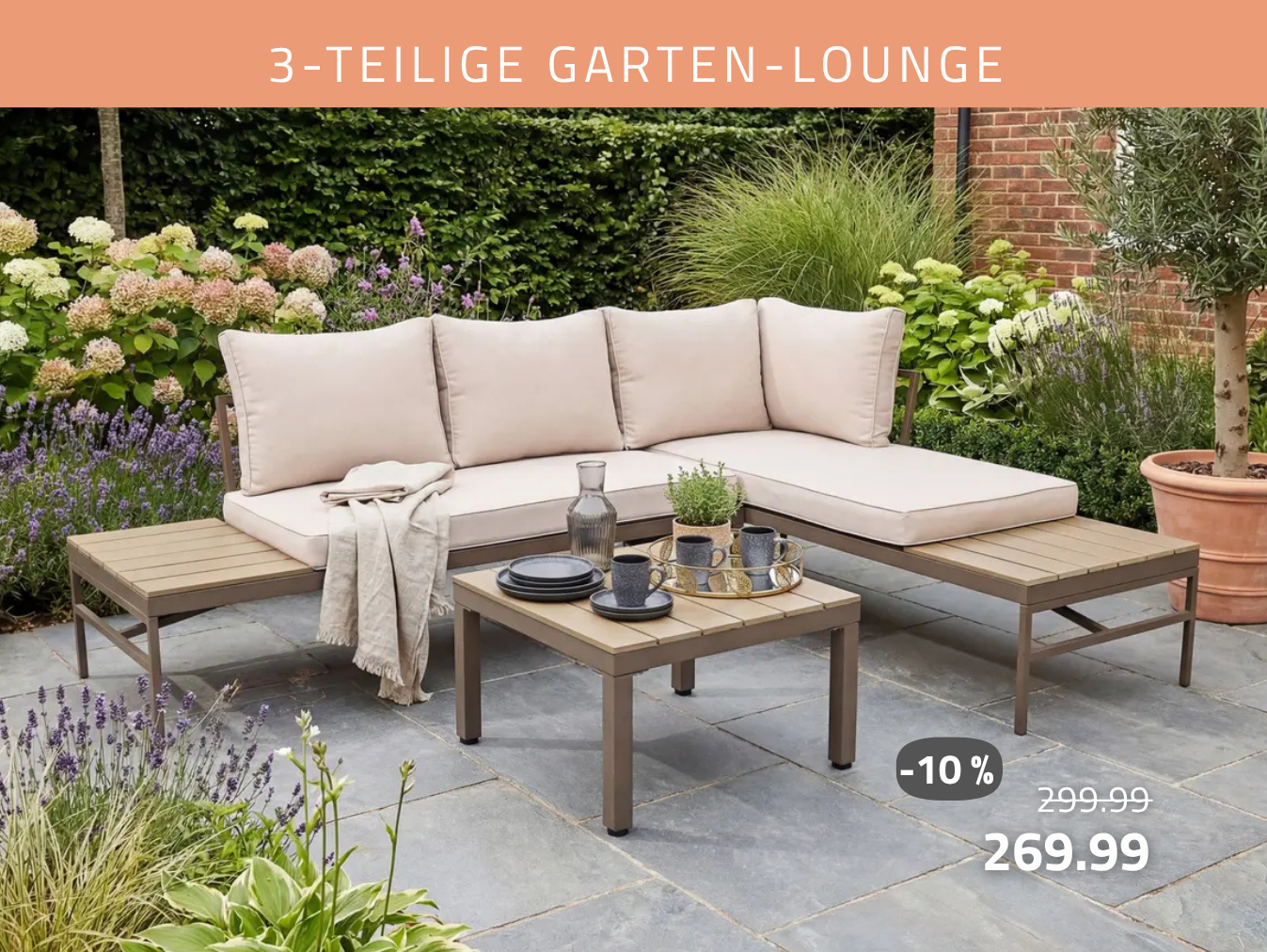  3-teilige Garten-Lounge - braun-beige - inkluisve Kissen