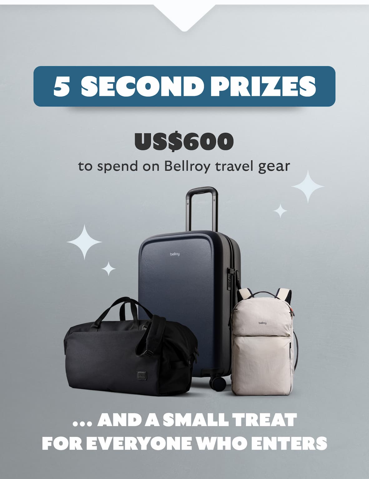 5 SECOND PRIZES US$600 to spend on Bellroy travel gear  … and a small treat for everyone who enters.
