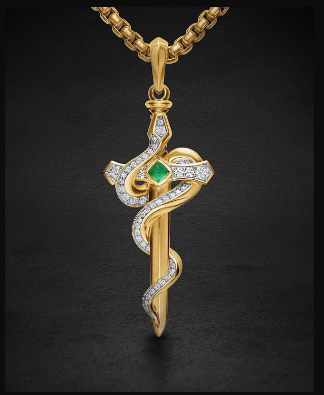 Ouroboros Snake Amulet 18K Yellow Gold with Emerald and Diamonds, 48mm