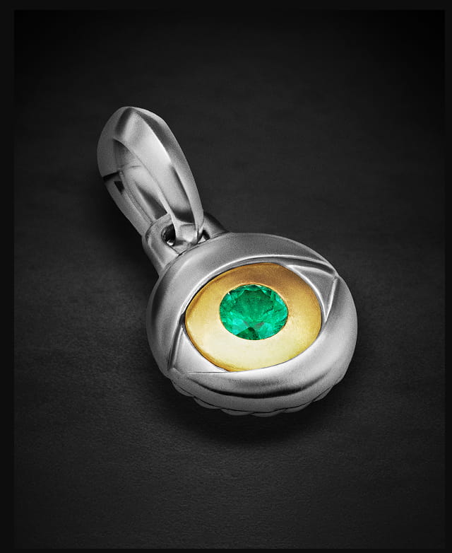 Evil Eye Amulet Sterling Silver with 18K Yellow Gold and Emerald, 14.5mm