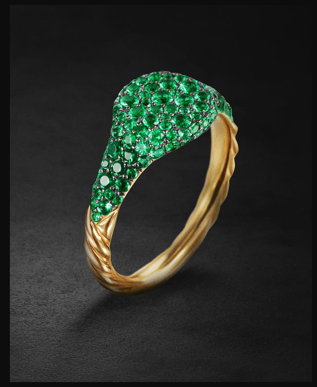 Petite Pavé Pinky Ring 18K Yellow Gold with Emeralds, 7mm
