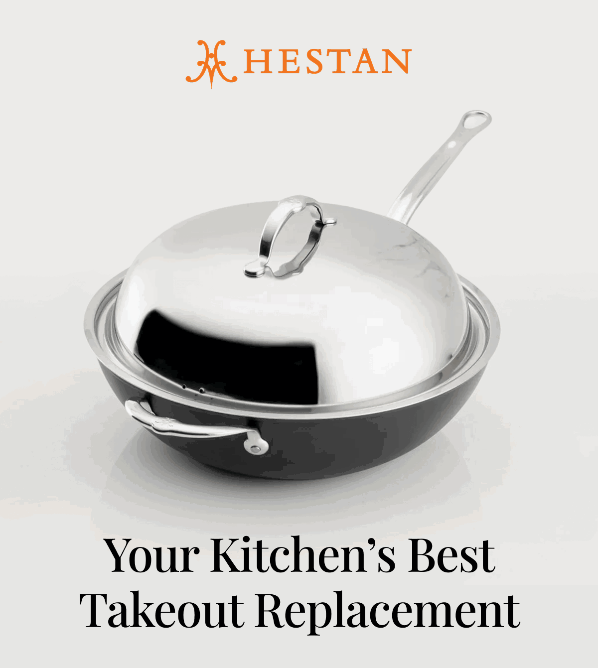 IMG: TITUM Nonstick Wok with Stick Handle and Dome Lid, 12.5-Inch. Hestan logo at the top. Text that reads "Your Kitchen's Best Takeout Replacement" at the bottom
