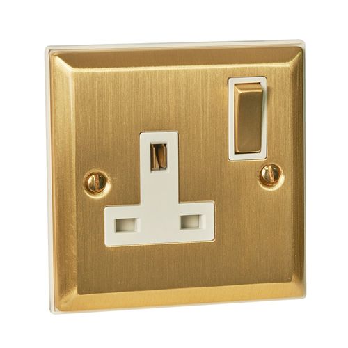Single 13A Socket with Metal Rocker & Stepped Edge - Satin Brass