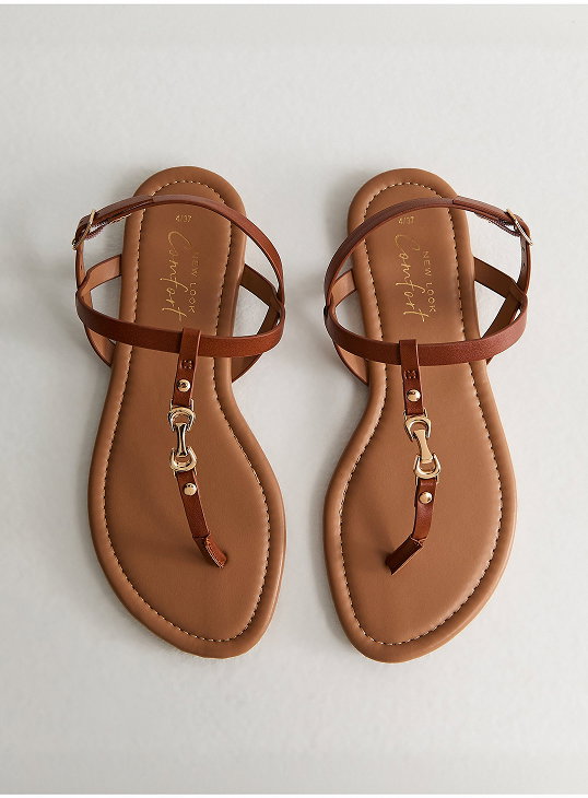 Tan Faux Leather Metal Toe Post Sandals
