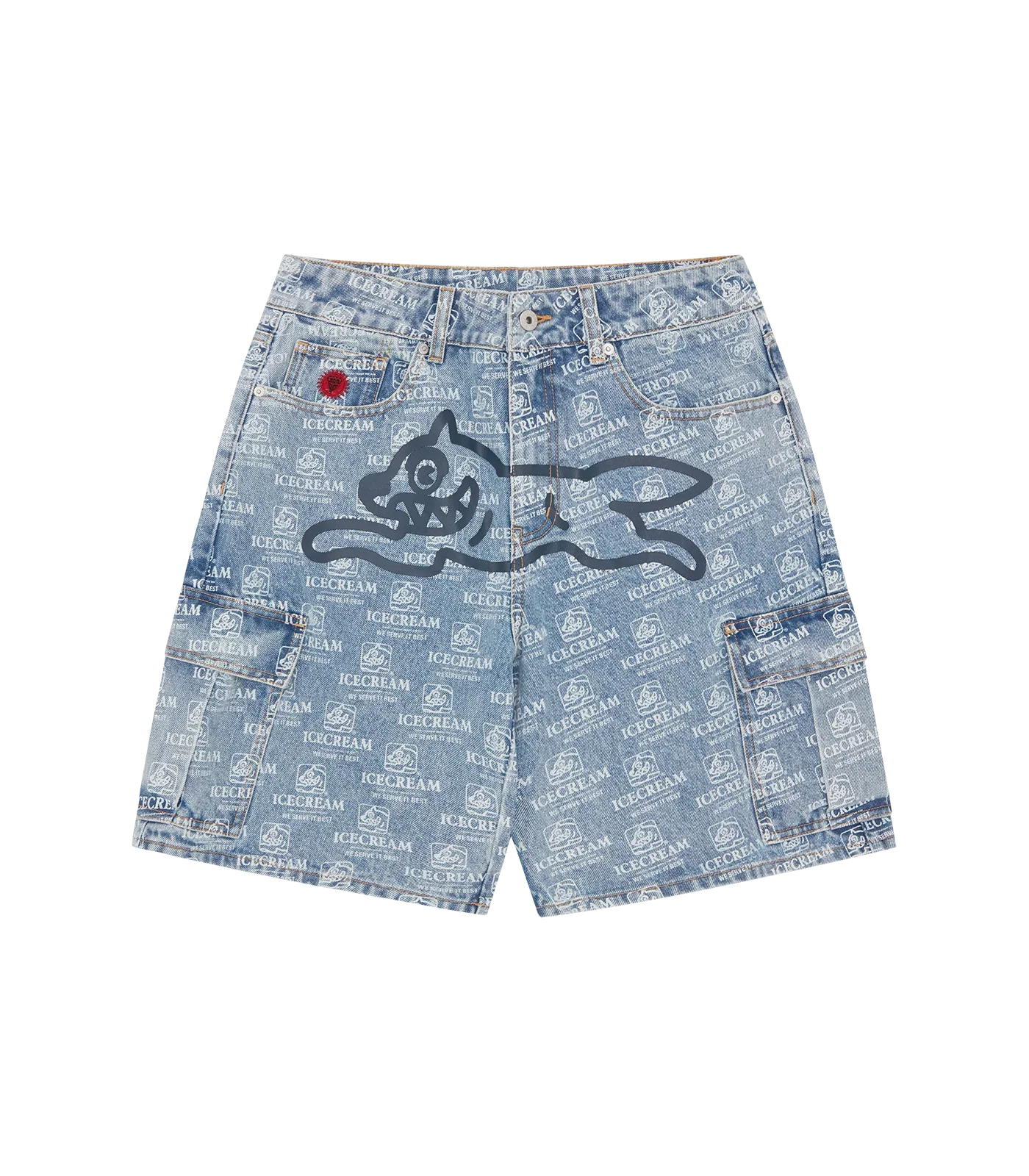 Image of REPEAT PRINT DENIM CARGO SHORTS - HEAVY WASH BLUE