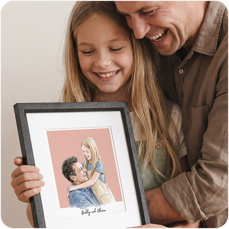 A father and young child looking together at a framed colour block line portrait illustration