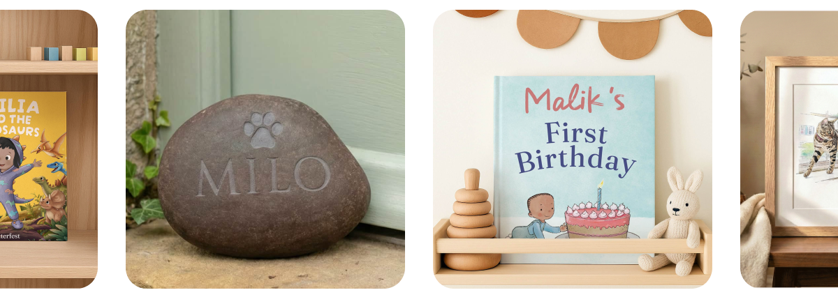 A selection of personalised Letterfest gifts including a children's dinosaur book, an engraved stone pebble with a paw print personalised with "Milo", a personalised first birthday book titled "Malik's First Birthday", and a framed pet portrait