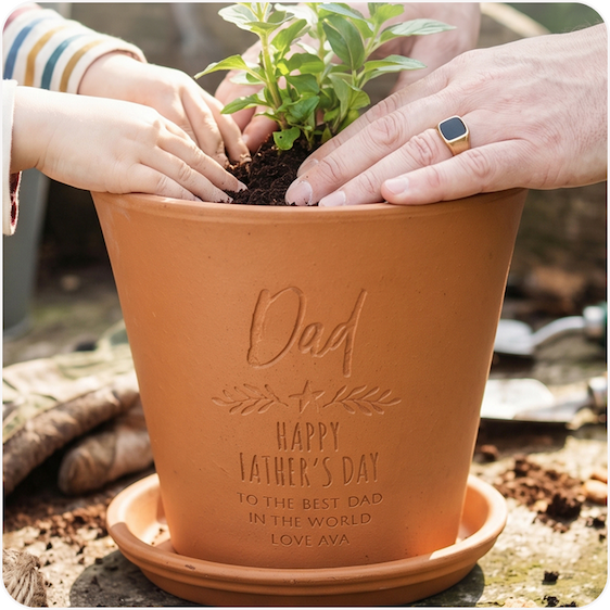 A pair of hands planting a small plant into an engraved terracotta pot personalised for dad