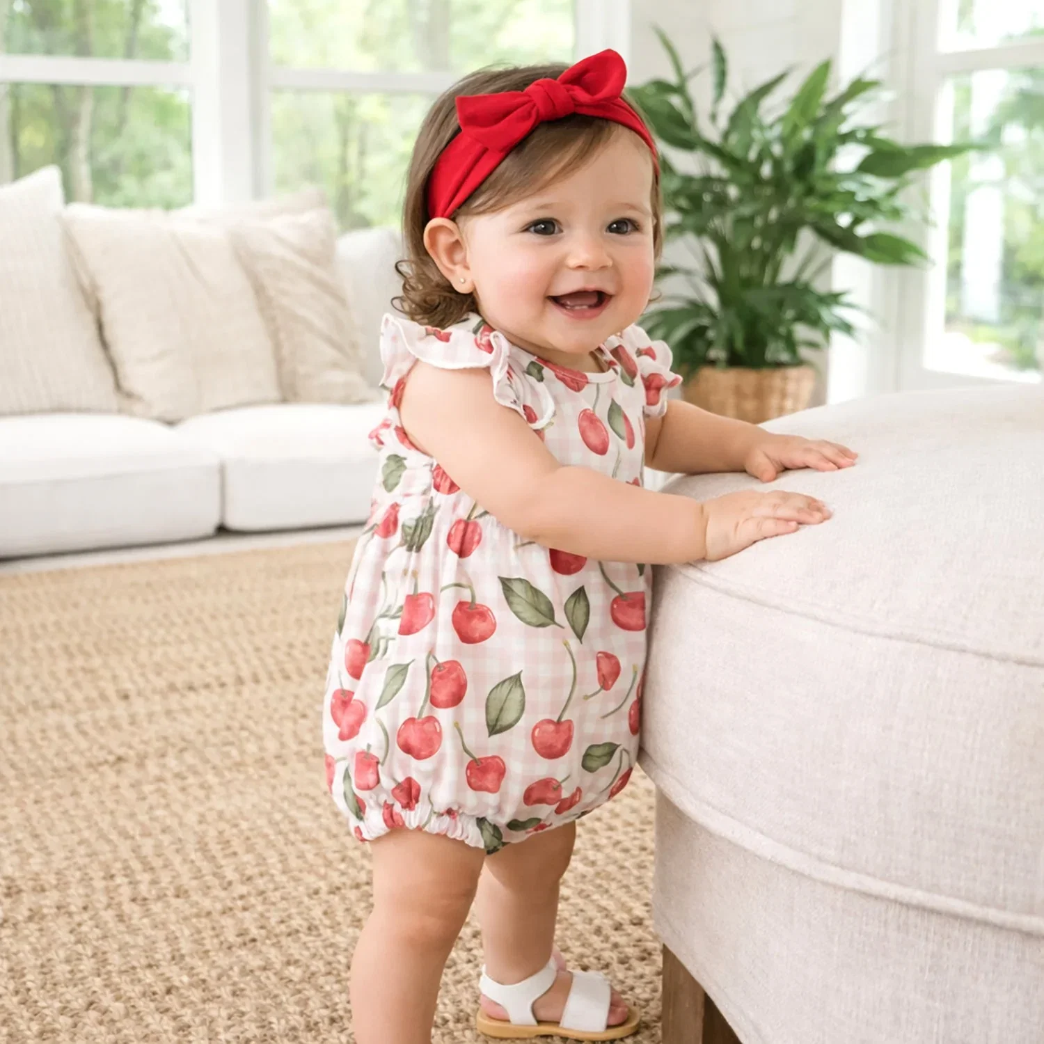 Image of Cherry Picnic Baby Girl Bamboo Bubble Romper