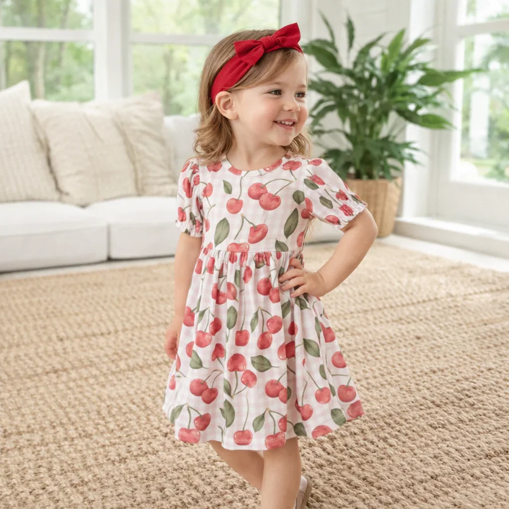 Image of Cherry Picnic Puff Sleeve Bamboo Dress