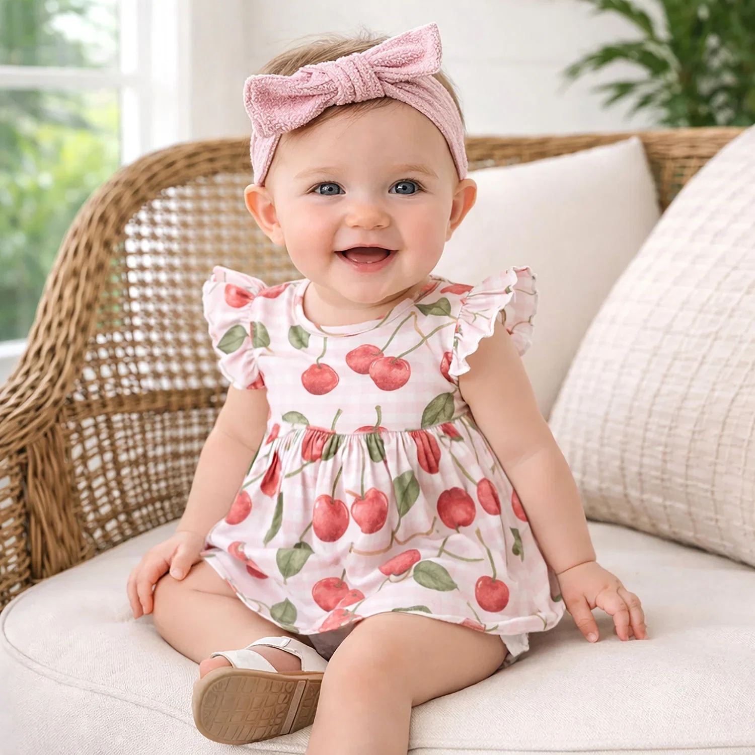 Image of Cherry Picnic Flutter Sleeve Bamboo Skirted Bodysuit