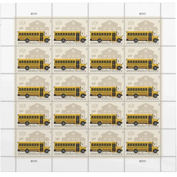 School Bus Additional Ounce USPS Postage Stamps - 1 Sheet of 20