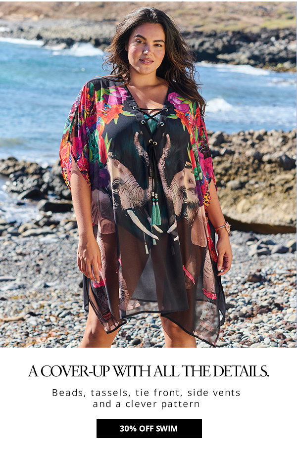 A cover-up with all the details: Beads, tassels, tie front, side vents & a clever pattern. 