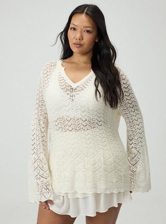 Pointelle V-Neck Pullover Sweater
