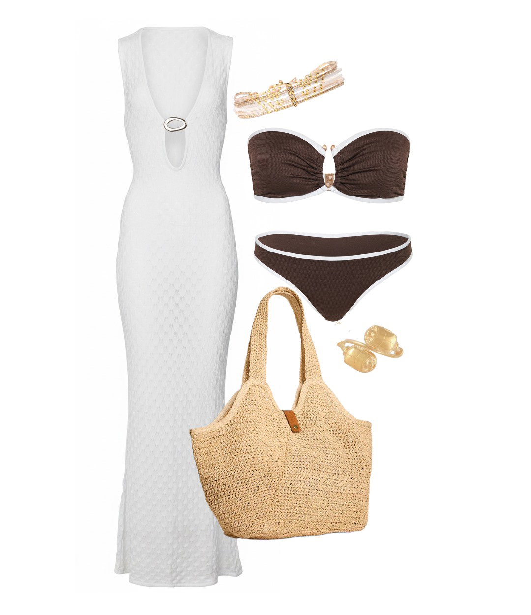 A pink dress, bikini, earrings, and accessories are laid out.