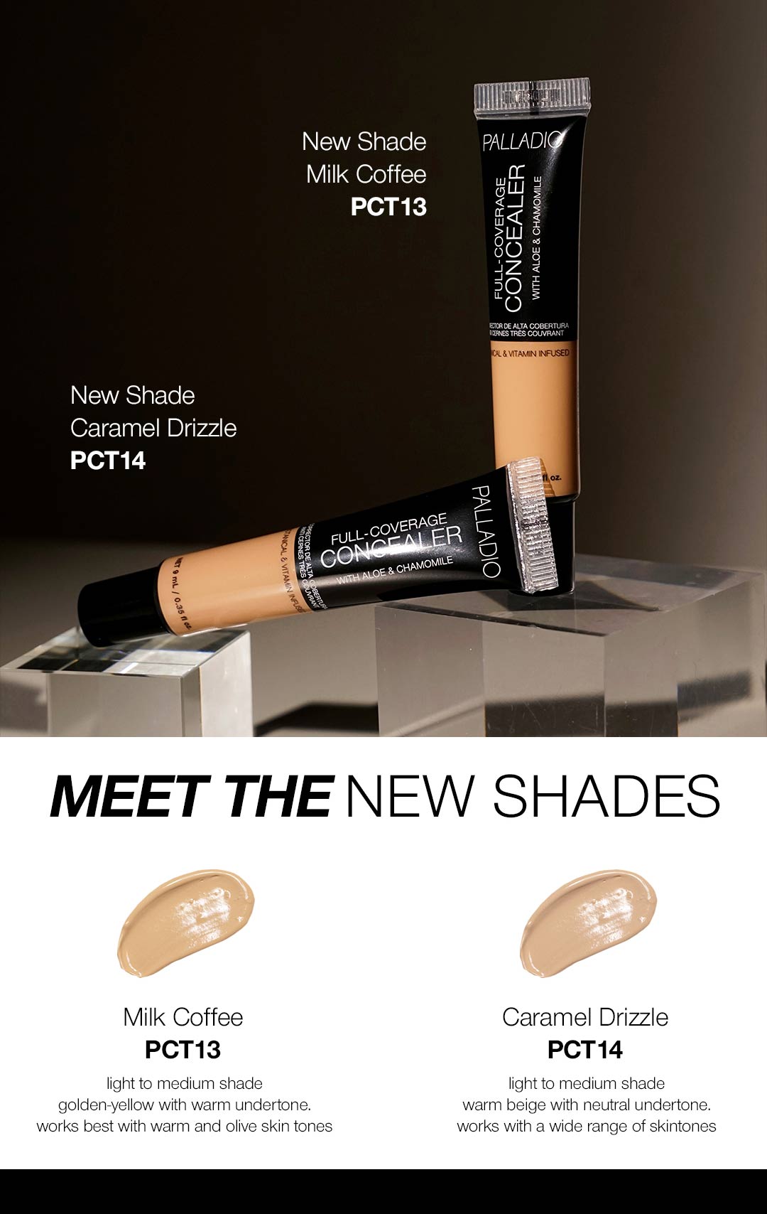 Two Palladio Full-Coverage Concealer tubes displayed on reflective geometric blocks against a dark background, labeled "New Shade Milk Coffee PCT13" and "New Shade Caramel Drizzle PCT14." Below, on a white background, text reads "Meet the New Shades" with two product swatches. Milk Coffee PCT13 is described as a light to medium shade, golden-yellow with warm undertone, best for warm and olive skin tones. Caramel Drizzle PCT14 is described as a light to medium shade, warm beige with neutral undertone, works with a wide range of skin tones.
